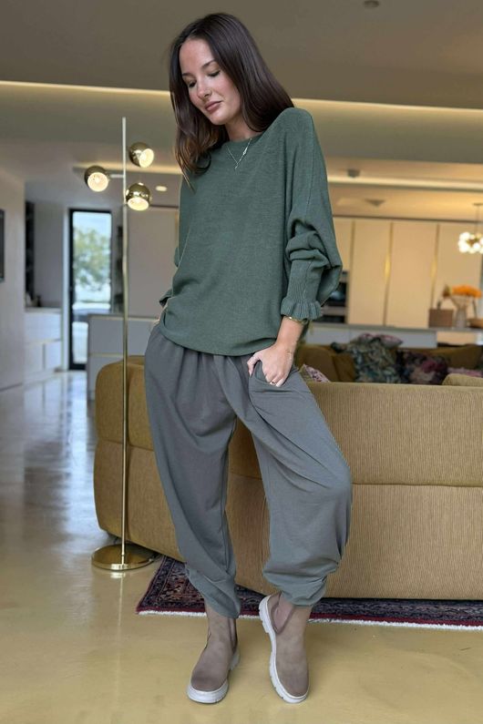 Conrad Batwing Ruffle Cuff Knit Moss 